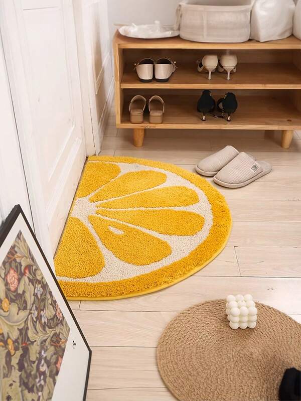 1pc 40x60cm Yellow Orange Fruit Pattern Soft Plush Non-Slip Absorbent Bathroom Mat, Machine Washable, Ideal For Home Decoration ,Room Decor