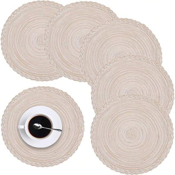 Round Table Placemats Set Of 2/4/6/8 - Woven Heat-Resistant Non-Slip Kitchen Dining Table Mats 15 Inch, Washable, Easy To Clean, Great For Dinner, Barbecue, Indoor And Outdoor Use (Cream)