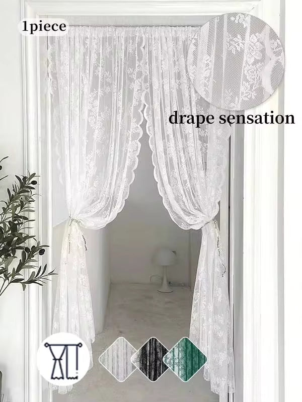 1pc Solid Color Lace Sheer Curtain Panel, Lightweight & Transparent, With Floral Edge, For Living Room, Bedroom, Balcony, Decorative Divider Curtain Gifts Birthday Graduation