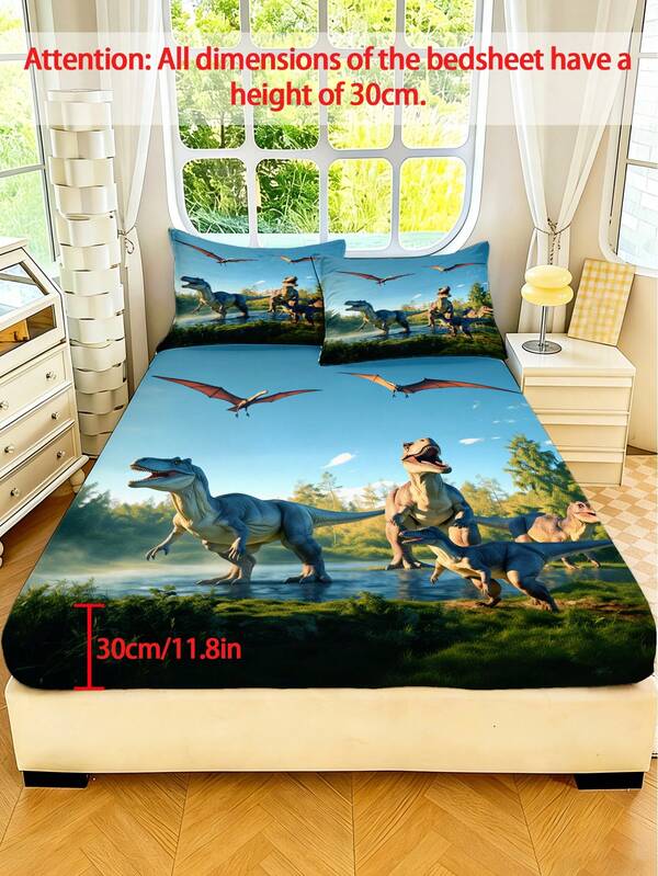 2/3PCS Dinosaur World Printed Bed Sheet Set, Made Of Natural Jurassic Style Polyester Fabric, With Non Slip Elastic Edges, Anti Displacement And Easy Maintenance, Perfect For Decorating Children'S Rooms, Teenagers' Bedrooms