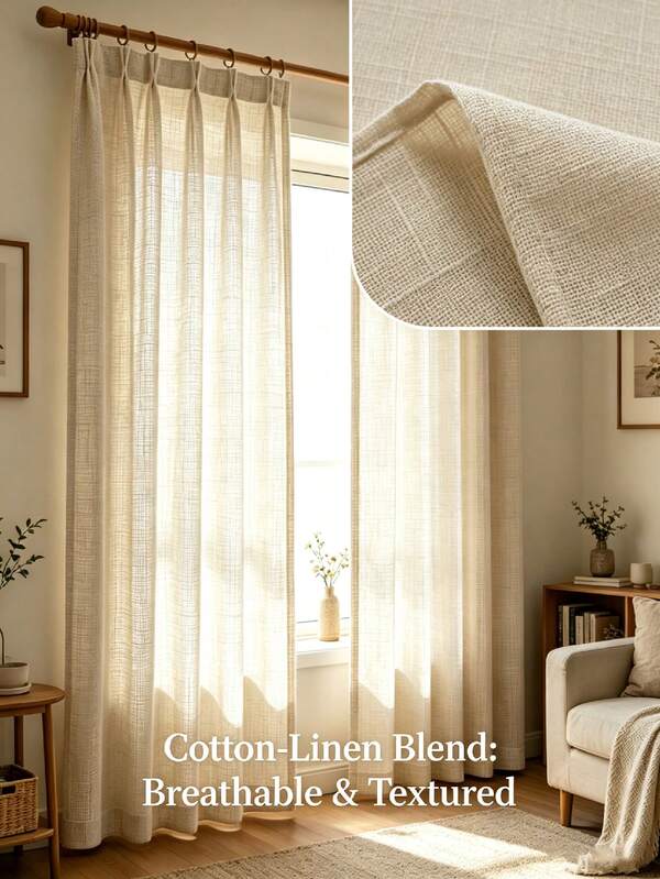 1pc Modern Linen Sheer Curtain - Japanese Linen Style, Rod Pocket Design, Suitable For Living Room And Bedroom - Sheer And Light Filtering Curtain, Living Room Curtain, Bedroom Curtain (Tie Backs Not Included)